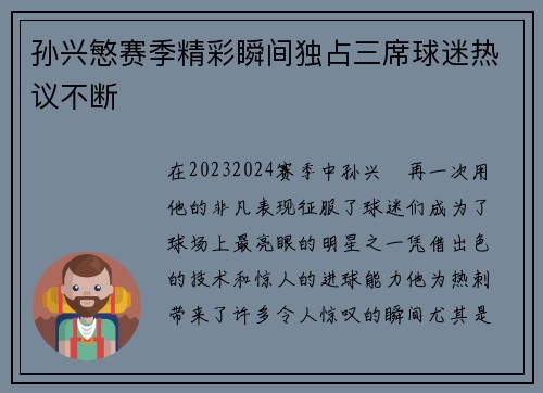 孙兴慜赛季精彩瞬间独占三席球迷热议不断